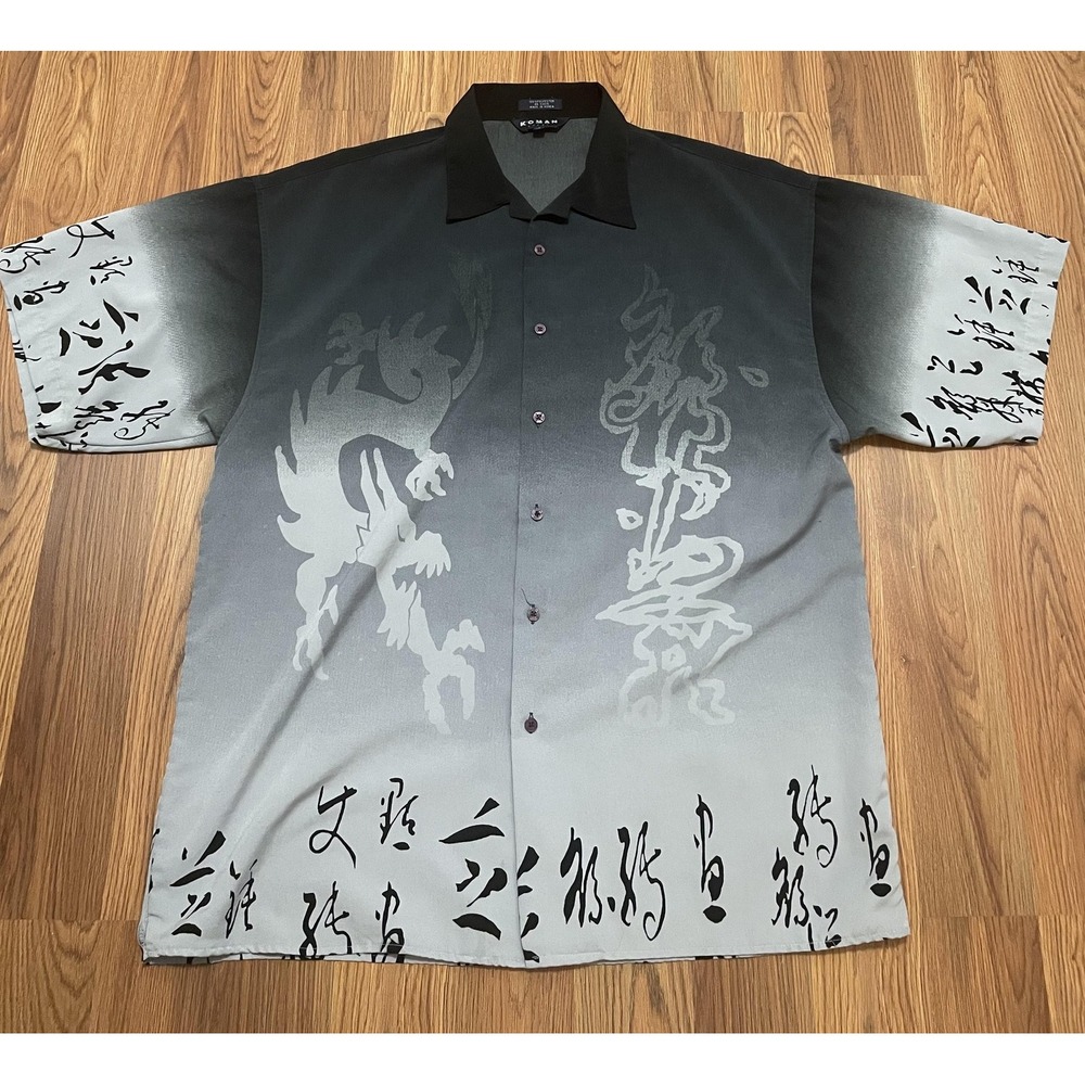 Koman Shirt Mens Extra Large Dragon Calligraphy Black